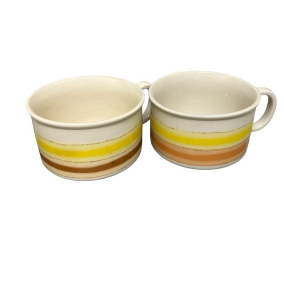 Vintage Striped Yellow and Tan Stoneware Soup Bowl Mug X 2 - Picture 3 of 6